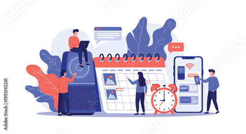 Dynamic digital lifestyle illustration shows people managing their time with a large calendar, a smart speaker, a mobile phone, and an alarm clock.