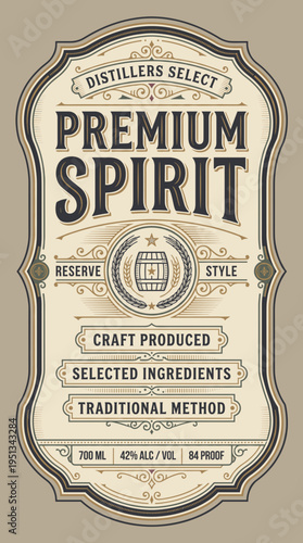 Craft spirit label showing details about distillation and ingredients with a classic design for a premium spirit bottle