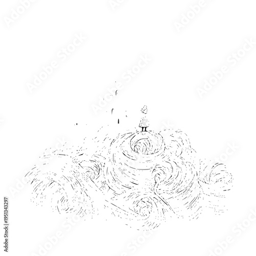 Minimalist line art illustration of a tiny lone figure standing atop a swirling hillside under falling raindrops creating a melancholic and contemplative atmosphere