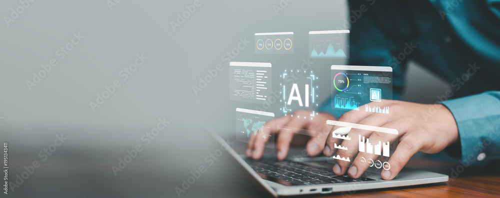 Foto Business professional using laptop with artificial intelligence interface, data analytics dashboard, and virtual charts
