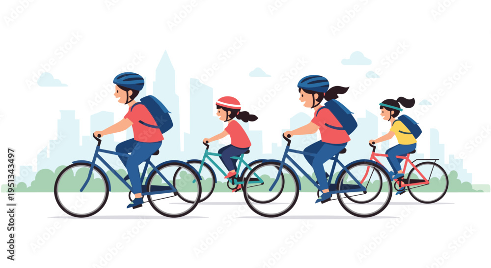 Fototapeta premium Happy family including parents and children ride their bicycles together on a city path with a suburban skyline visible in the background.