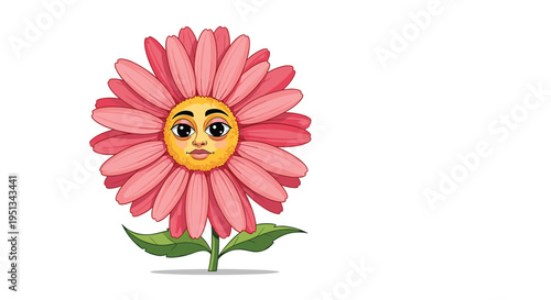 Whimsical pink flower with a detailed human face on its yellow center stands on a green stem with leaves in a creative character design.