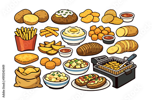 Assortment of potato recipes displaying various cooking styles such as french fries, mashed, baked, chips, and whole raw potatoes