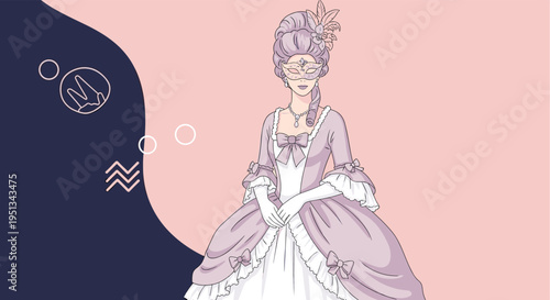 Elegant woman in a historical eighteenth century ball gown and a feathered mask poses gracefully against a pink and dark blue background.