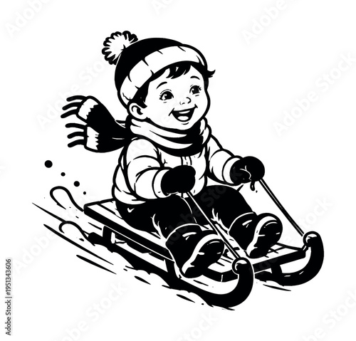 Excited child riding a classic wooden sled down a snowy hill, embracing the thrill and delight of winter fun