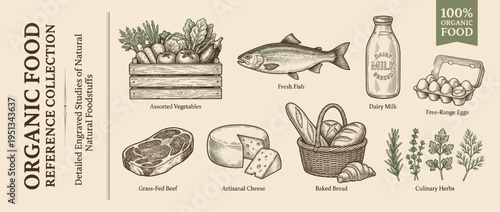 Reference collection of organic food with fruits, vegetables, fish, and dairy from natural sources