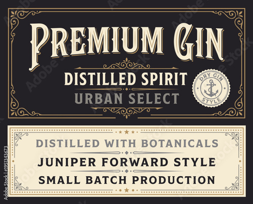 Premium gin label shows distilled spirit with urban select branding and notes of juniper and small batch production
