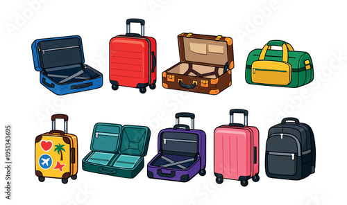 Diverse set of brightly colored luggage pieces, including rolling suitcases, duffel bags, and backpacks, empty and ready for travel