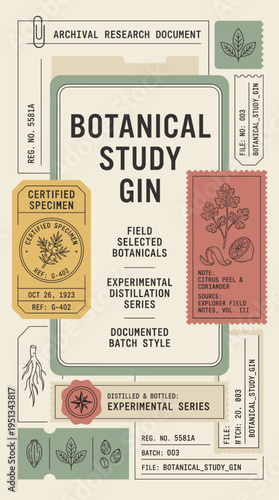 Botanical study gin archival research document showing field selected botanicals with batch details and certification