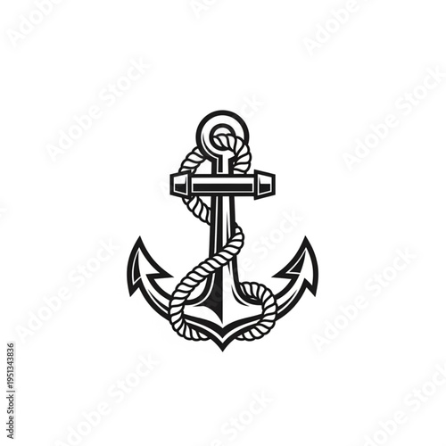 Detailed Black and White Anchor Illustration with Rope Detail.