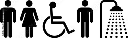 Set of five black icons representing people and shower on white background woman disabled