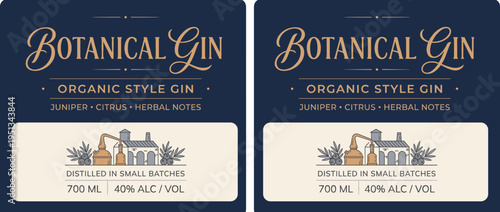 Botanical gin label design featuring organic style with juniper and citrus notes in blue background