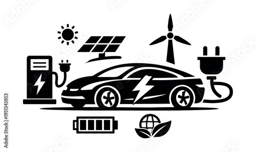 Electric vehicle concept showing a car being charged at a station powered by solar panels and wind turbines