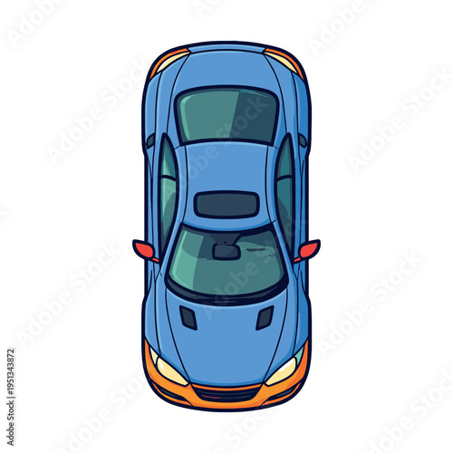 Blue car with orange accents, seen from a top view, illustrating clean vehicle design for maps, apps, and city planning