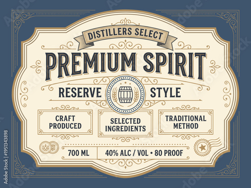 Premium spirit label design with distiller's select style featuring craft produced elements