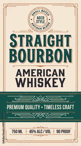 Straight bourbon label design showing premium quality and artisan blend whiskey details for small batch production
