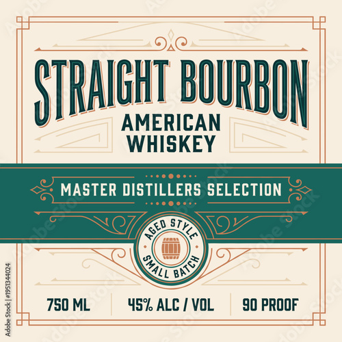 Straight bourbon whiskey label for American whiskey with details on proof, volume, and master distillers selection