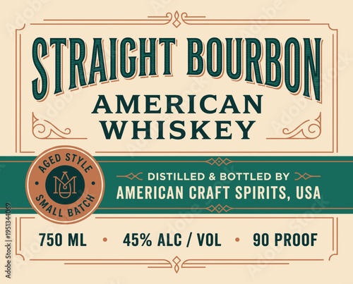 Label for straight bourbon whiskey from American Craft Spirits containing details on alcohol content, volume, and distillation process