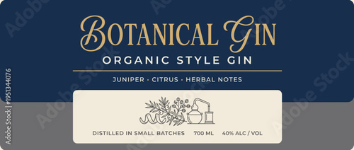 Botanical gin label showing organic style with juniper, citrus, and herbal notes for small batch distillation