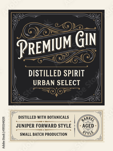 Premium gin label showing urban select and small batch production with botanical details for a unique drink experience