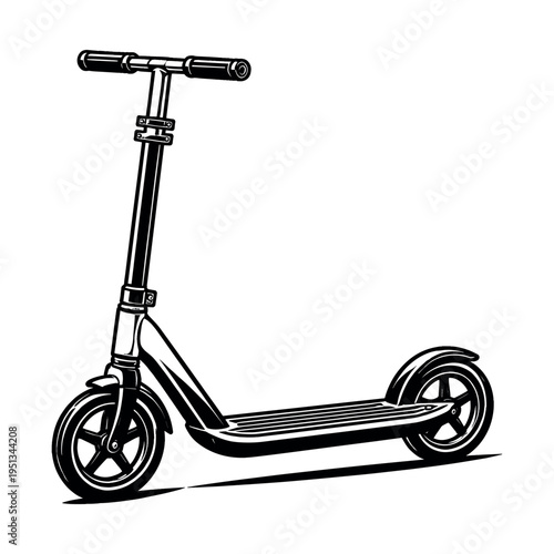 Kick scooter in monochrome line art, representing city transport, leisure activity, and an eco-friendly urban commuting choice