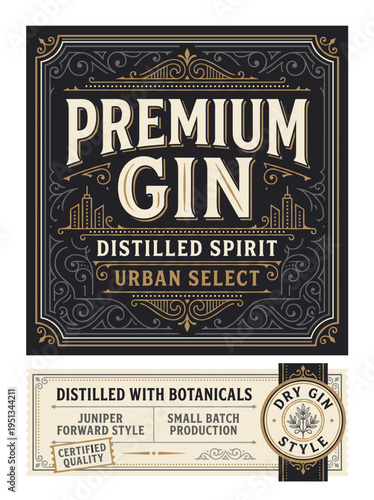 Premium gin label design featuring urban elements and botanical information for a distilled spirit