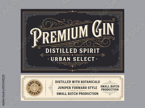Premium gin label design featuring detailed text and vintage style with focus on urban select and small batch production