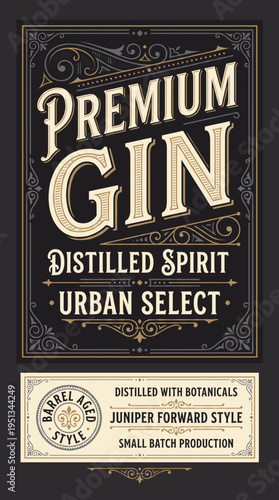 Premium gin label design featuring urban style and botanical details for distilled spirit