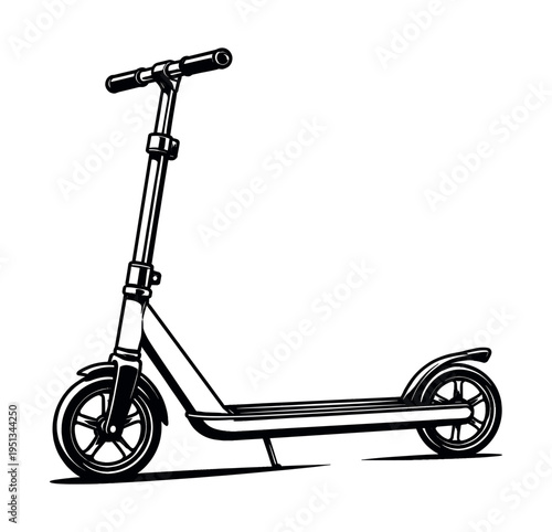 Kick scooter in black and white line art showcasing urban city transport, a common vehicle for daily commutes and active lifestyle