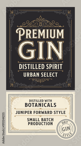 Premium gin label showing distilled spirit from urban select with details on production and botanicals used