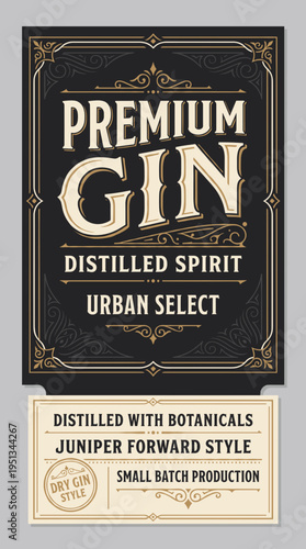 Premium gin label with information on distillation and production methods displayed on a black background