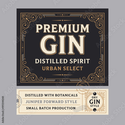Premium gin label showing details of urban select spirit with a focus on botanicals and small batch production in a simple design