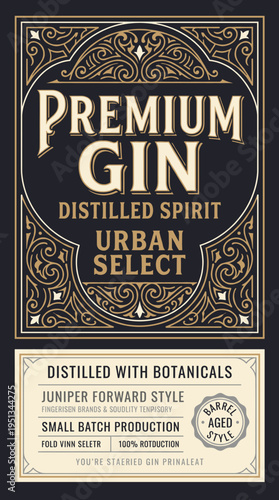 Premium gin label design showcasing urban select and small batch production details