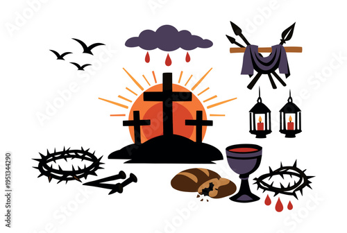 Christian symbols depicting the passion of Christ, including the crucifixion on Calvary, communion elements, and traditional religious icons