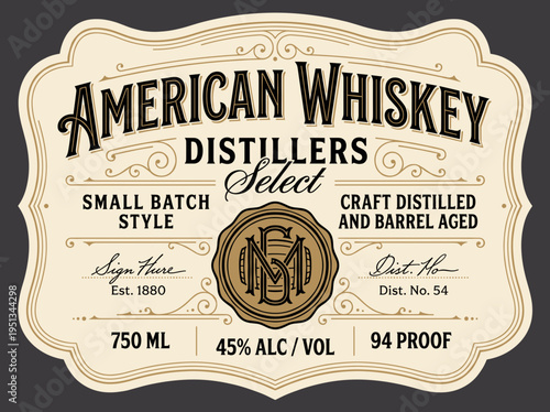 American whiskey label showing small batch style and craft distilled details for distillers since 1880 with proof and volume information