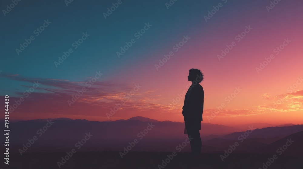 Fototapeta premium Silhouette person mountain sunset sunrise sky colorful landscape peaceful twilight. Silhouette of person standing mountain during vibrant sunset or sunrise colorful sky blending with peaceful