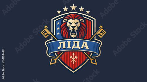 Lion emblem design for Lida club featuring a shield and crossed keys on a dark background