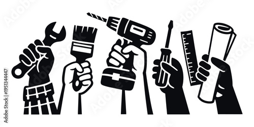 Multiple hands raising various essential tools like a wrench, paintbrush, drill, screwdriver, ruler, and blueprint