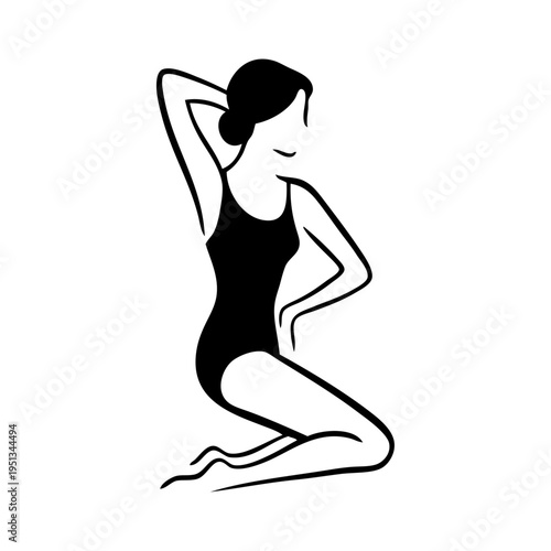 Logotipo con dibujo con líneas de una mujer con bikini de estilo retro, posando de rodillas con una mano en la cabeza