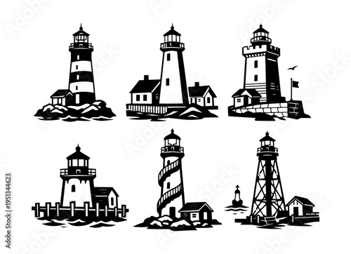 Lighthouse vectors collection showing different designs of beacons and buildings dotting seafront landscapes for nautical themes