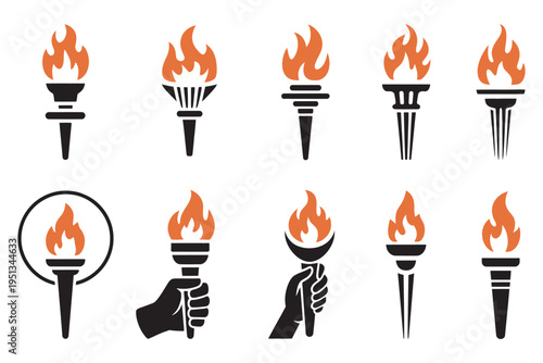 Fire flames vector set, stylized and realistic fire icons, blazing flame illustrations, fire energy symbols, isolated graphic elements
