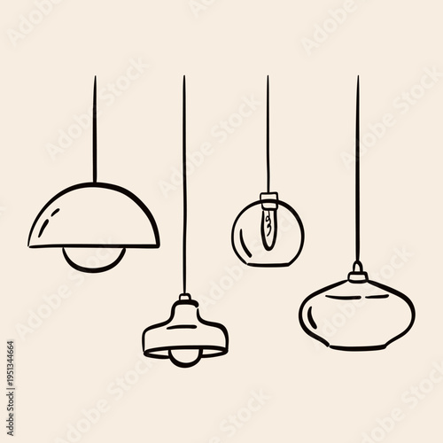 Set of hand-drawn trendy ceiling lamps in black color. Playful doodle line art silhouettes of hanging lighting. Fun 70s outline home decor elements. Vector graphic