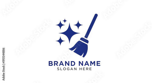 Blue Broom and Sparkling Stars Logo for Cleaning Services Brand.