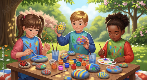 Kids painting colorful rocks outdoors in a vibrant garden during a creative arts and crafts session