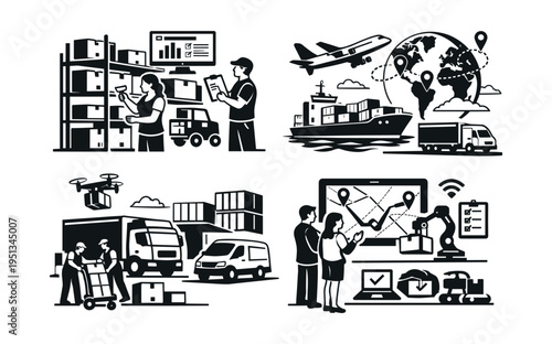 Worldwide logistics network showing distribution, transportation, and smart storage with workers, vehicles, and technology