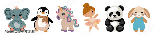 Cute cartoon  toy animals and balerina girl. Each character has a sweet, friendly expression. Soft pastel colors bring warmth and charm to the scene. Perfect for children's books, classroom decor