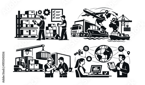 Visualizing global logistics processes, featuring warehouse operations, international freight shipping, cargo handling, and digital supply chain tracking