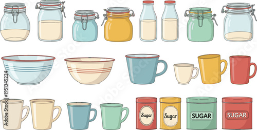 Kitchen Containers and Tableware Vector Icon Set Featuring Glass Jars Sugar Canisters Ceramic Bowls Cups Mugs and Food Storage Kitchenware Illustration
