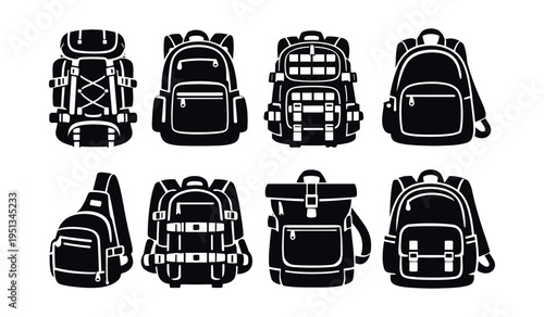 Backpacks set showcasing a variety of bags for travel, school, hiking, and outdoor adventures in a modern flat black icon style