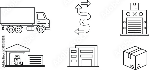 Logistics and Delivery Icon Set Featuring Trucks, Routes, Warehouse, Shipping, and Packaging Symbols for Transportation, Logistics, and E-commerce Applications